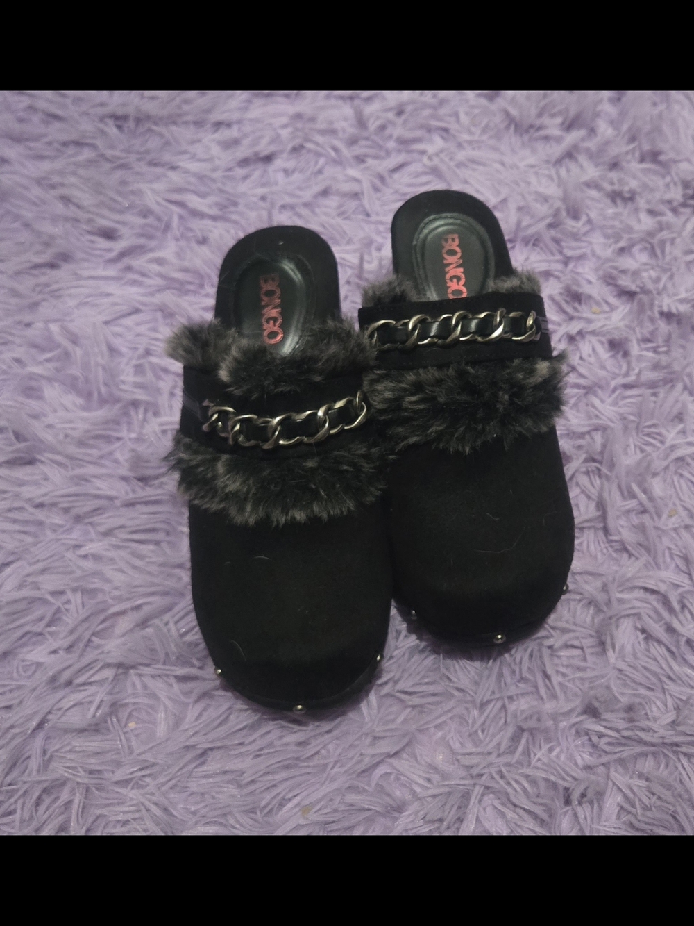 BONGO Black Faux Fur Chain Slip-On Mules